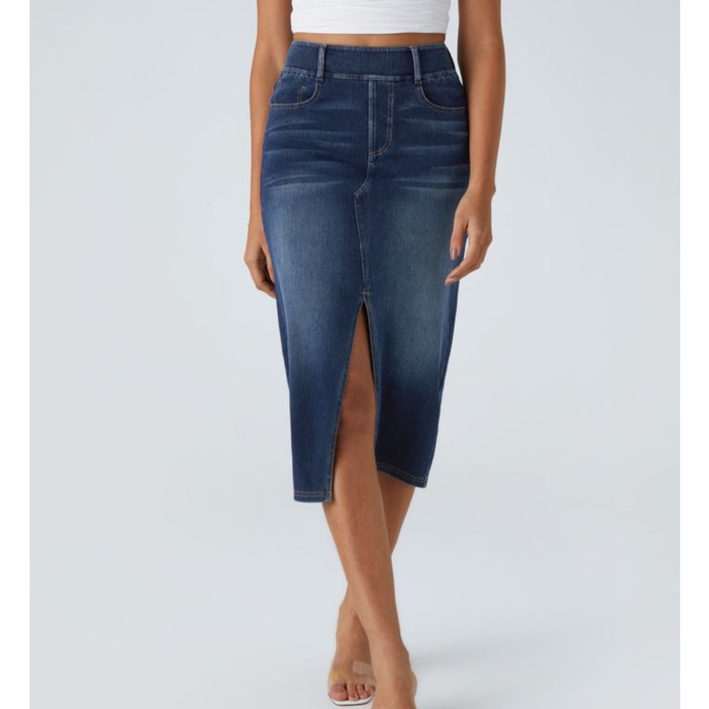 Halara Flex™ High Waisted Denim Midi Skirt with Pockets Frt Slit Fitted Casual S
